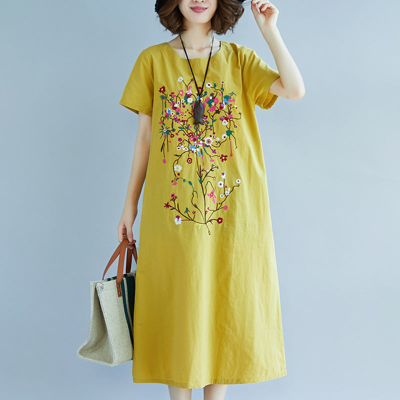 Ethnic Embroidered Cotton Linen Medium Length Dress variant CJNS103870109IR|CJNS103870110JQ|CJNS103870111KP|CJNS103870112LO