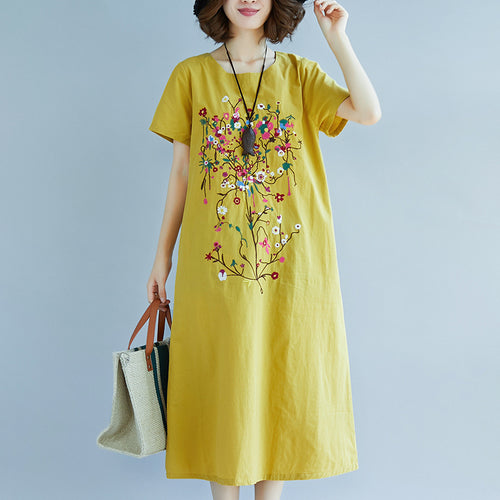 Ethnic Embroidered Cotton Linen Medium Length Dress variant CJNS103870109IR|CJNS103870110JQ|CJNS103870111KP|CJNS103870112LO