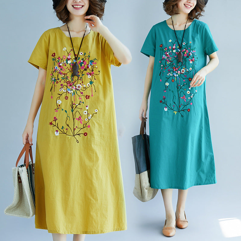 Ethnic Embroidered Cotton Linen Medium Length Dress photo 2