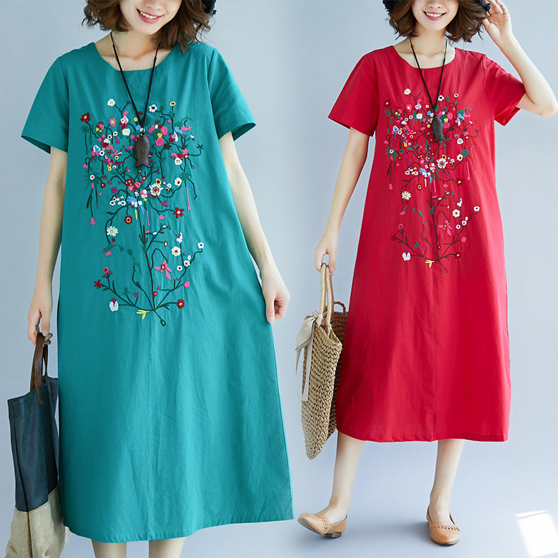Ethnic Embroidered Cotton Linen Medium Length Dress photo 1