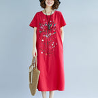 Ethnic Embroidered Cotton Linen Medium Length Dress variant CJNS103870101AZ|CJNS103870102BY|CJNS103870103CX|CJNS103870104DW