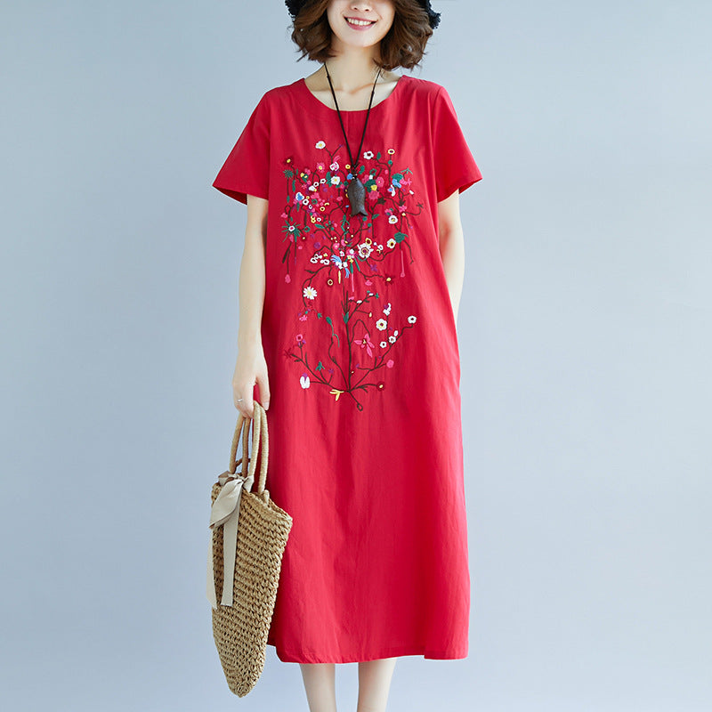 Ethnic Embroidered Cotton Linen Medium Length Dress variant CJNS103870101AZ|CJNS103870102BY|CJNS103870103CX|CJNS103870104DW