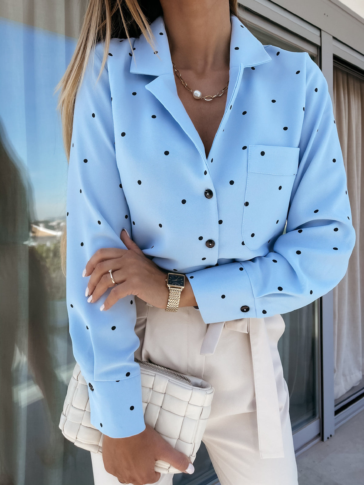 Slim Button Polka Dot Long Sleeve Pocket Shirt photo 1
