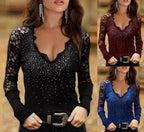 Hot Rhinestone Off-the-shoulder Long Lace Bottoming Shirt photo 3