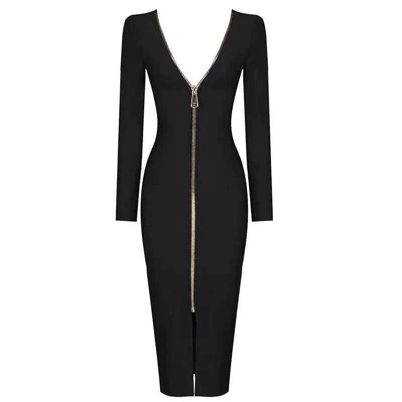 Slim Deep V Metal Zipper Front Back Bandage Dress variant CJLY105532704DW|CJLY105532705EV|CJLY105532706FU