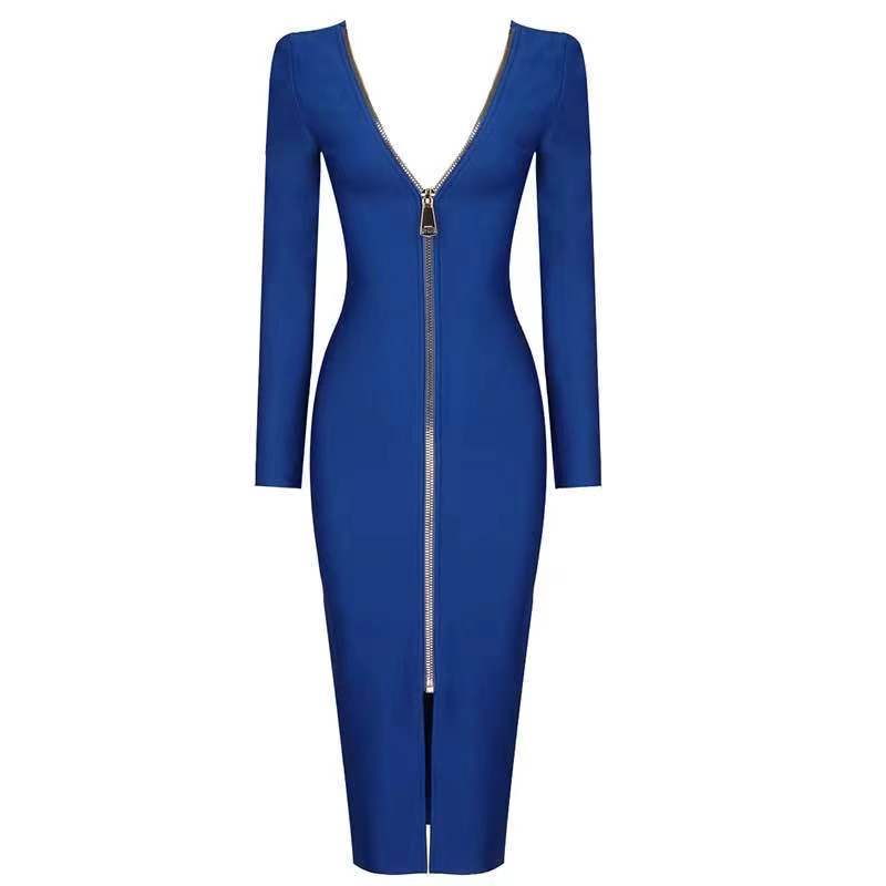 Slim Deep V Metal Zipper Front Back Bandage Dress variant CJLY105532707GT|CJLY105532708HS|CJLY105532709IR