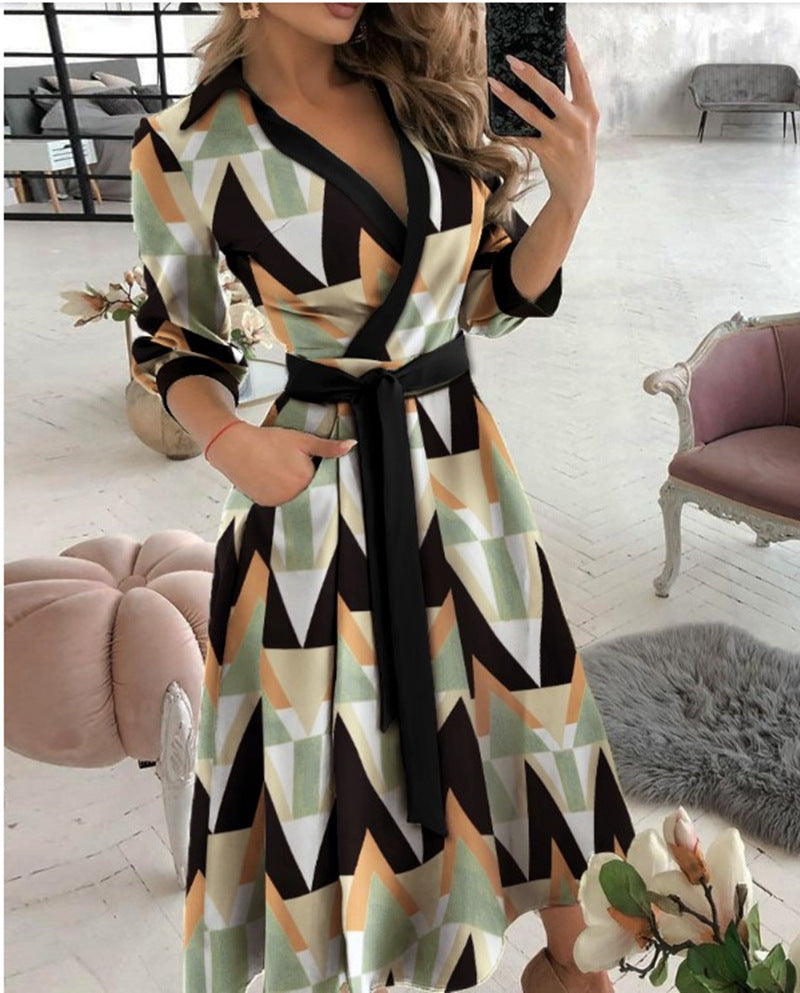 Long Sleeve V-neck Printed Dress variant CJLY107322601AZ|CJLY107322602BY|CJLY107322603CX|CJLY107322604DW|CJLY107322605EV
