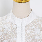 Stand Collar Lantern Sleeve Lace Perspective Short Dress photo 4