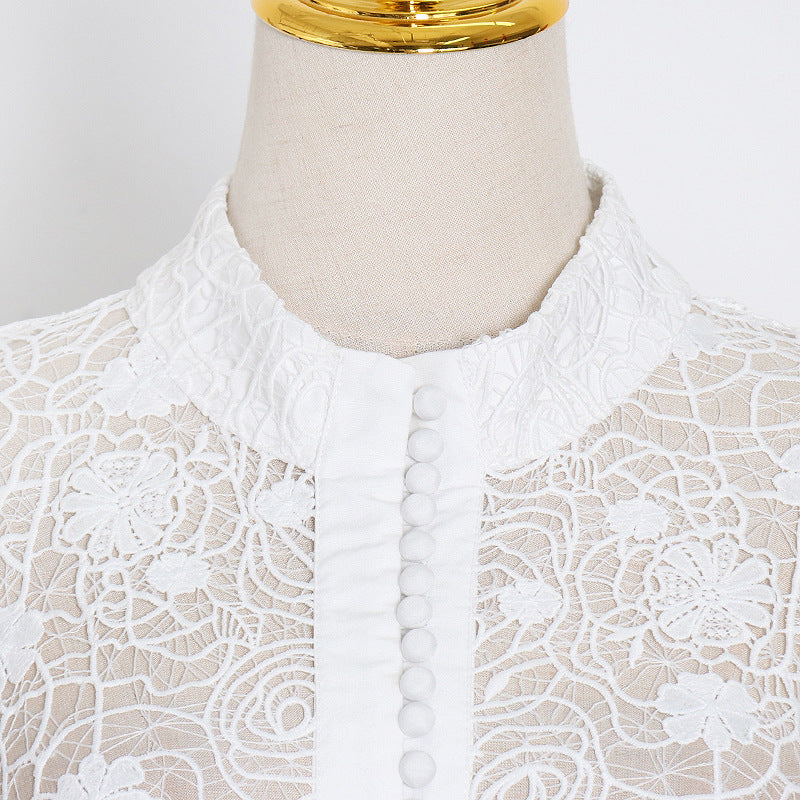 Stand Collar Lantern Sleeve Lace Perspective Short Dress photo 4
