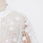 Stand Collar Lantern Sleeve Lace Perspective Short Dress photo 5