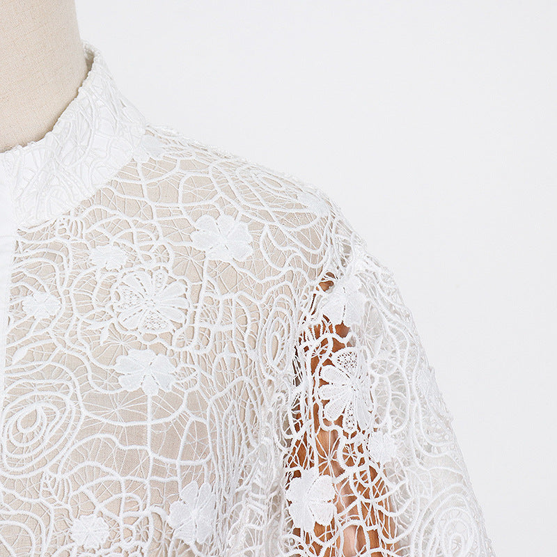 Stand Collar Lantern Sleeve Lace Perspective Short Dress photo 5