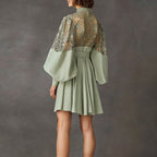 Stand Collar Lantern Sleeve Lace Perspective Short Dress photo 1