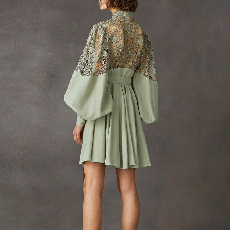 Stand Collar Lantern Sleeve Lace Perspective Short Dress photo 1