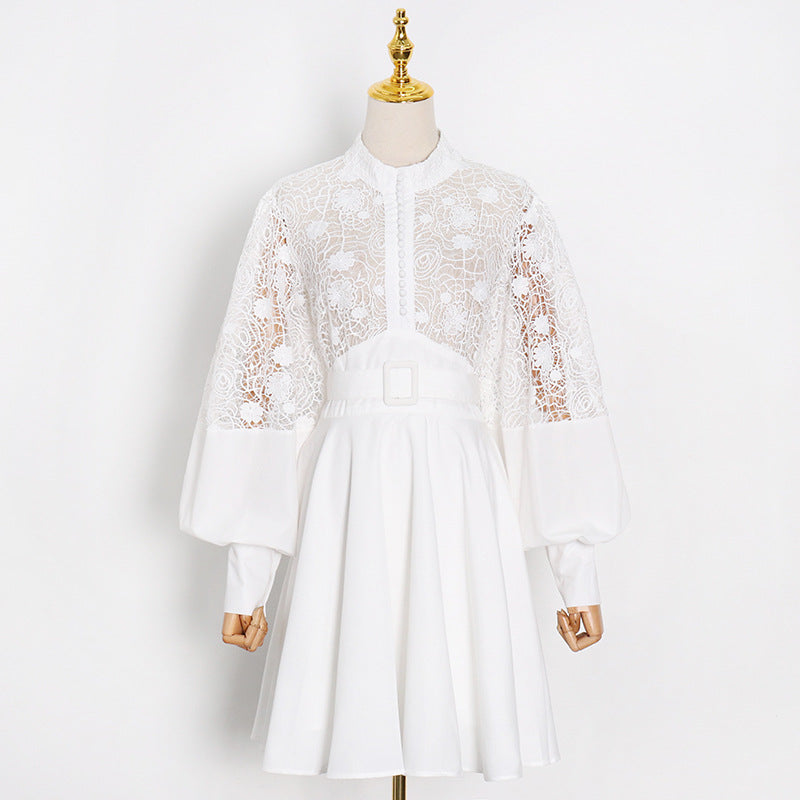 Stand Collar Lantern Sleeve Lace Perspective Short Dress variant CJLY109525001AZ|CJLY109525002BY|CJLY109525003CX