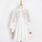 Stand Collar Lantern Sleeve Lace Perspective Short Dress variant CJLY109525001AZ|CJLY109525002BY|CJLY109525003CX