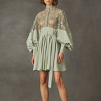 Stand Collar Lantern Sleeve Lace Perspective Short Dress photo 6