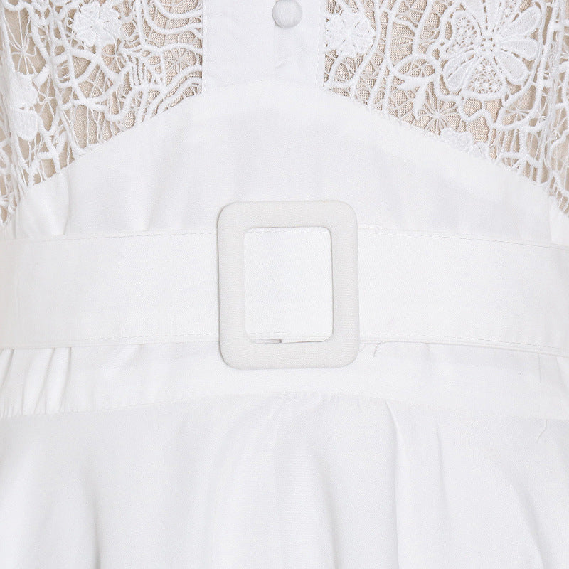 Stand Collar Lantern Sleeve Lace Perspective Short Dress photo 3