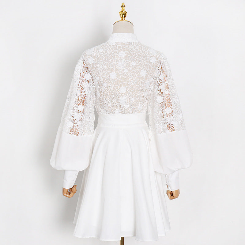 Stand Collar Lantern Sleeve Lace Perspective Short Dress photo 8