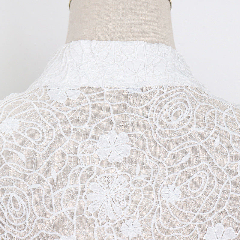 Stand Collar Lantern Sleeve Lace Perspective Short Dress photo 7