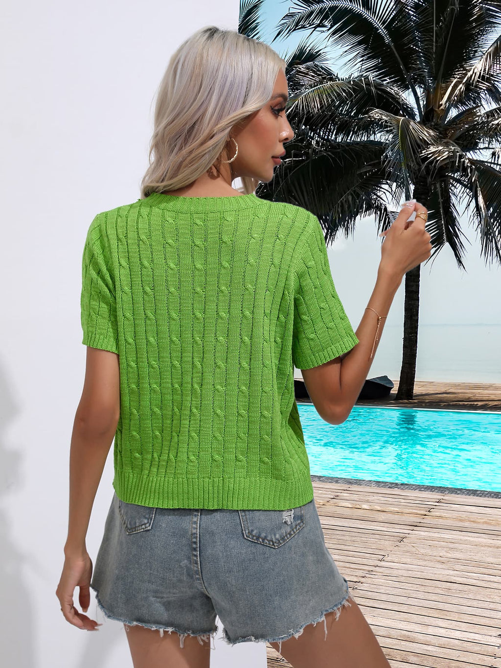 Cable-knit Round Neck Short Sleeve Knit Top (2)