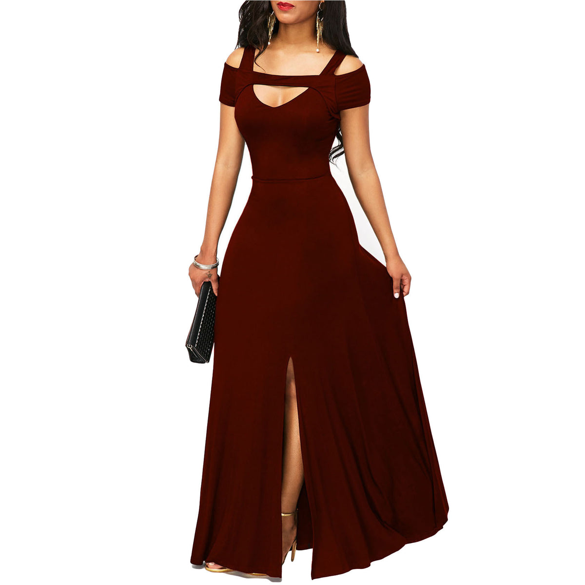 Solid Color V-neck Strapless Split Slim Fit Party Dress photo 1