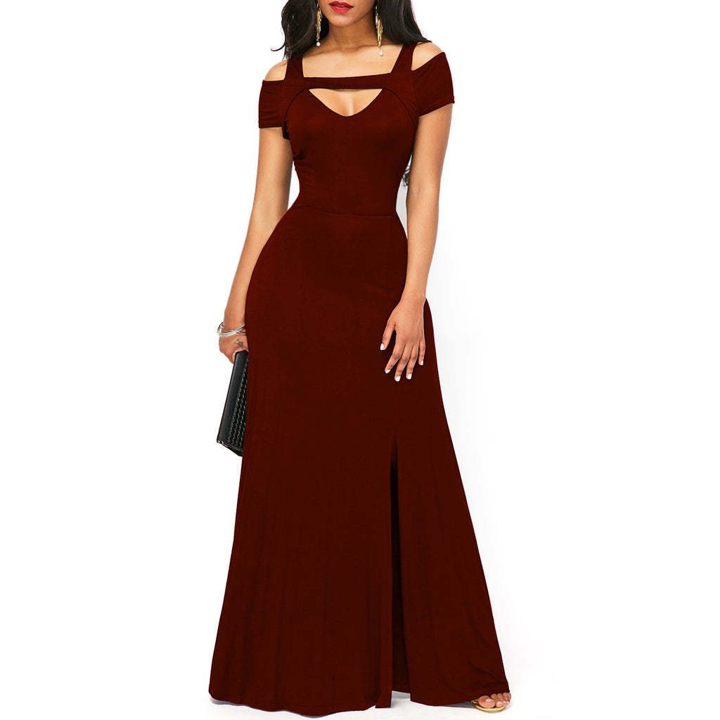 Solid Color V-neck Strapless Split Slim Fit Party Dress photo 3