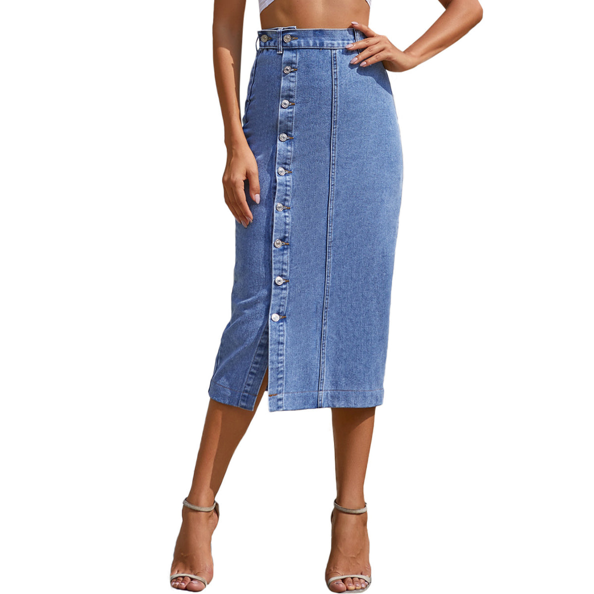 Button Irregular Slit Denim High Waist Skirt photo 7