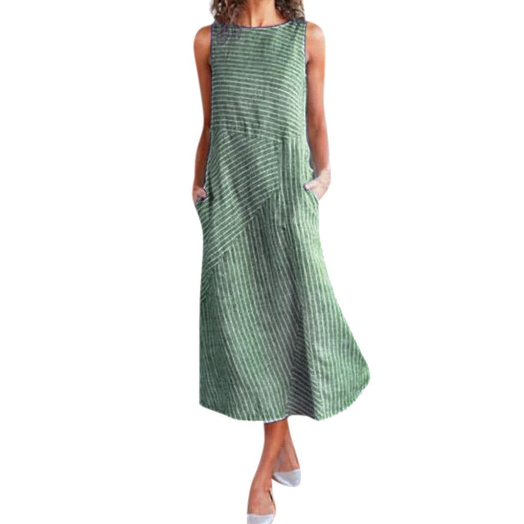 Casual Striped Sleeveless Maxi Dress variant CJNSSYLY04876-Green-S|CJNSSYLY04876-Green-4XL|CJNSSYLY04876-Green-5XL|CJNSSYLY04876-Green-L|CJNSSYLY04876-Green-3XL|CJNSSYLY04876-Green-XXL|CJNSSYLY04876-Green-XL|CJNSSYLY04876-Green-M