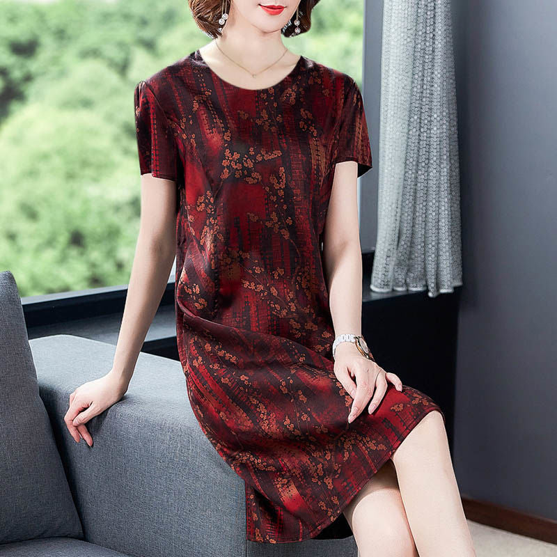 Middle-aged Elderly Ice Silk Print Dress Casual variant CJQZ112237001AZ|CJQZ112237002BY|CJQZ112237003CX|CJQZ112237004DW|CJQZ112237005EV|CJQZ112237006FU