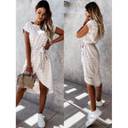Short Sleeved Round Neck Striped Dress Lace Up Waist Skirt variant CJLY114990401AZ|CJLY114990402BY|CJLY114990403CX|CJLY114990404DW|CJLY114990405EV