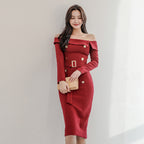 Casual One-neck Belt Waist Slimming Back Split Hip Skirt variant CJLY115016501AZ|CJLY115016502BY|CJLY115016503CX|CJLY115016504DW