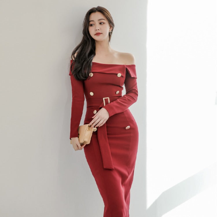 Casual One-neck Belt Waist Slimming Back Split Hip Skirt photo 4