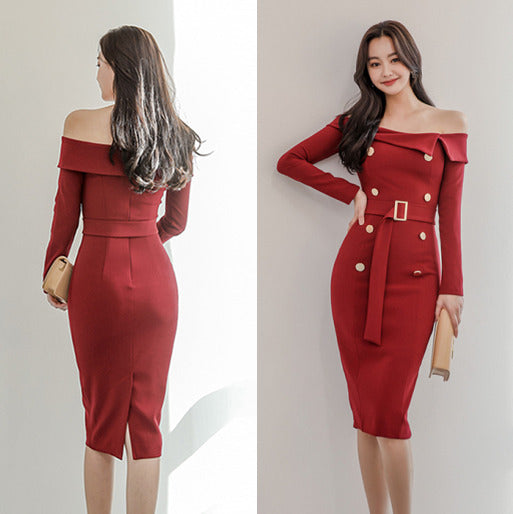 Casual One-neck Belt Waist Slimming Back Split Hip Skirt photo 3