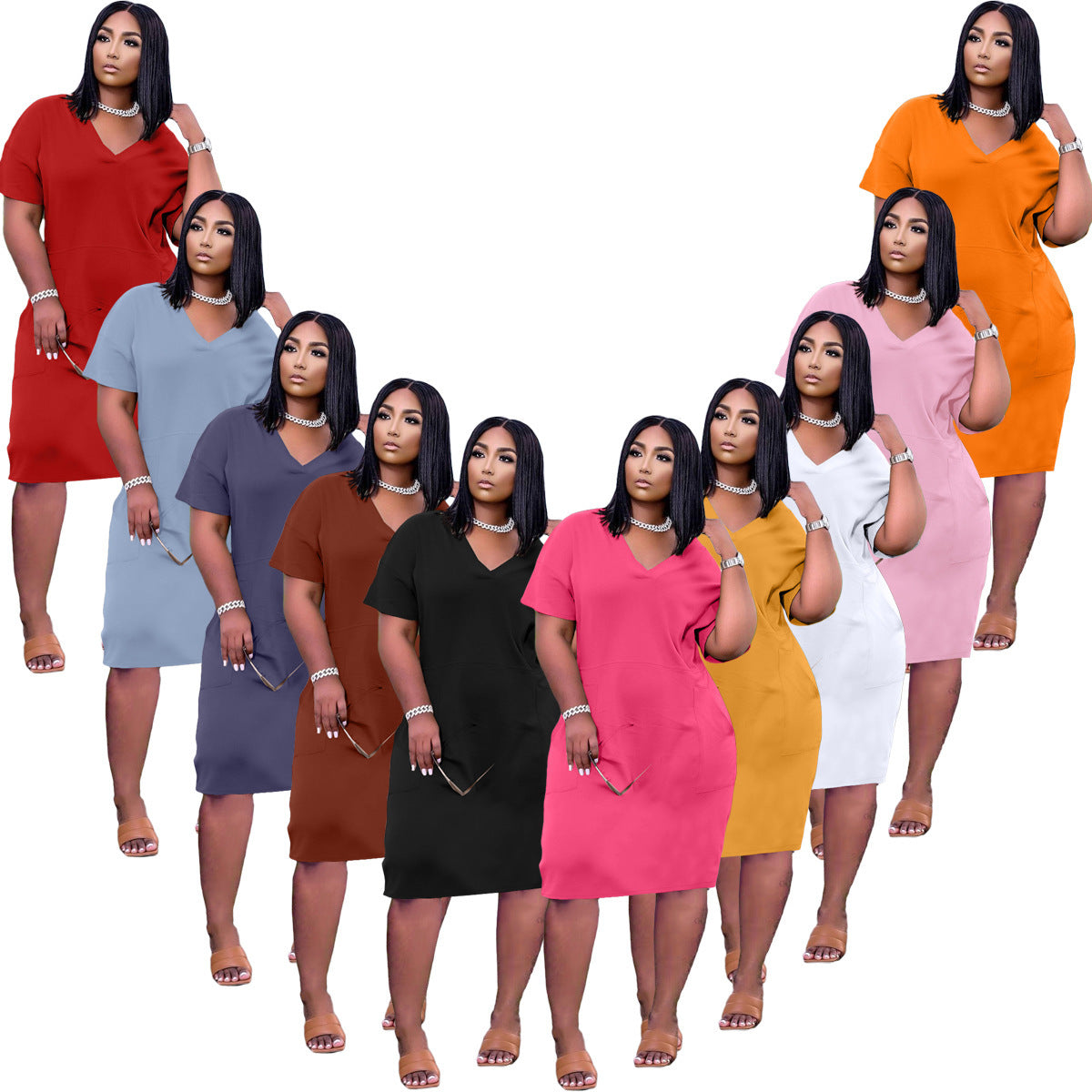 Loose V-neck Casual Dress Pockets photo 5