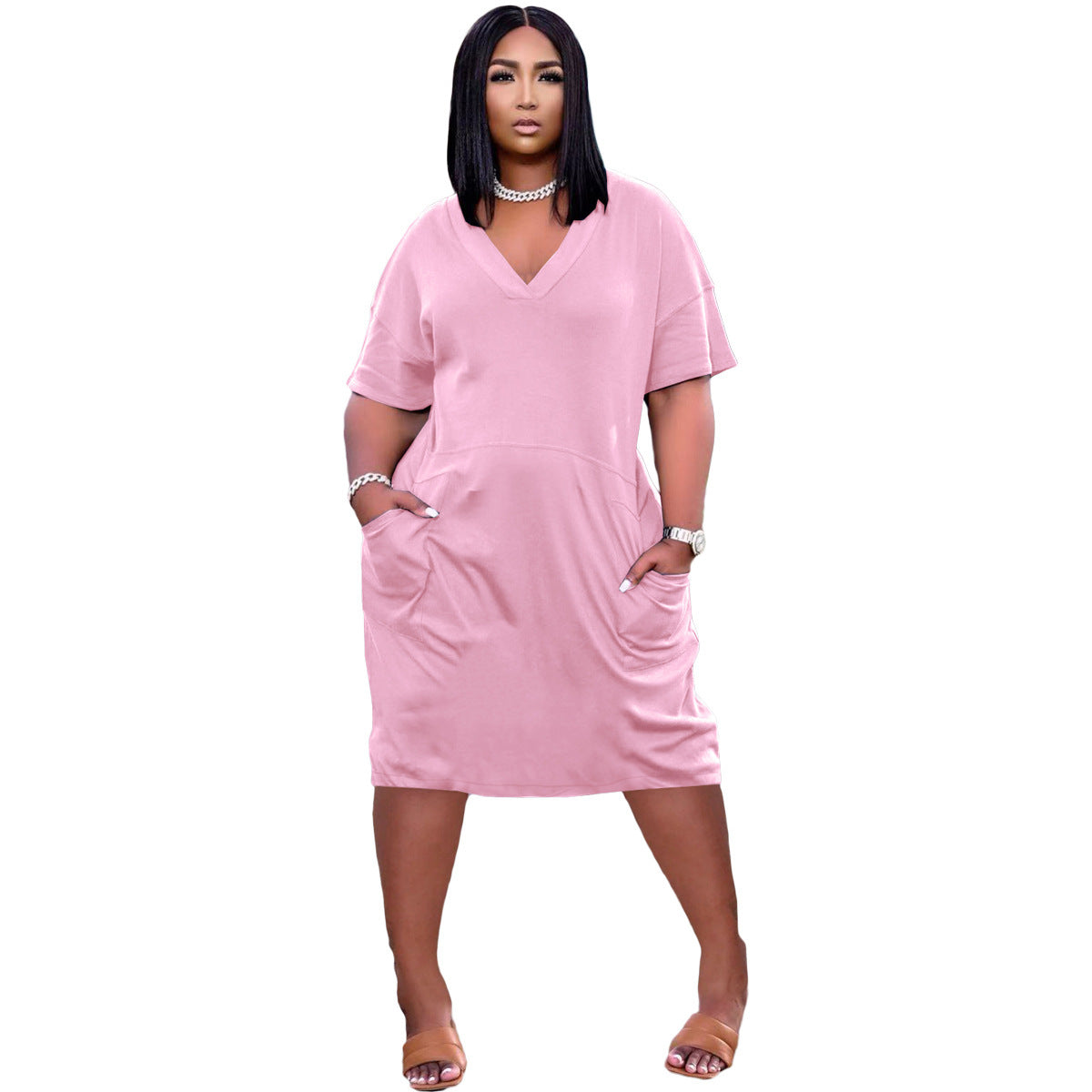 Loose V-neck Casual Dress Pockets photo 1