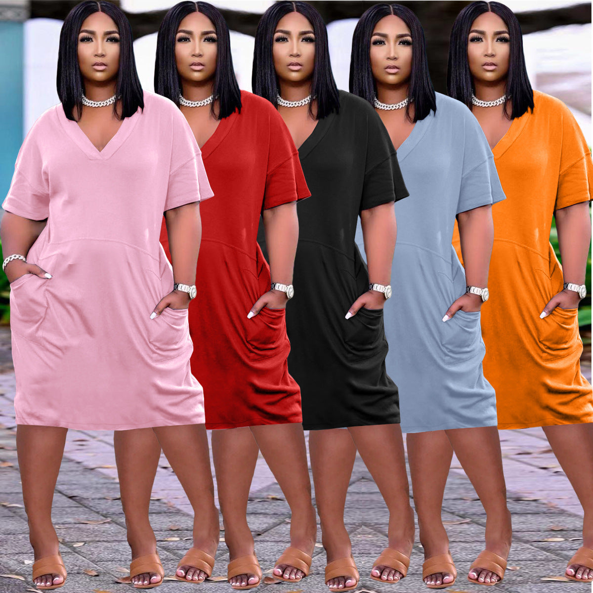 Loose V-neck Casual Dress Pockets photo 2