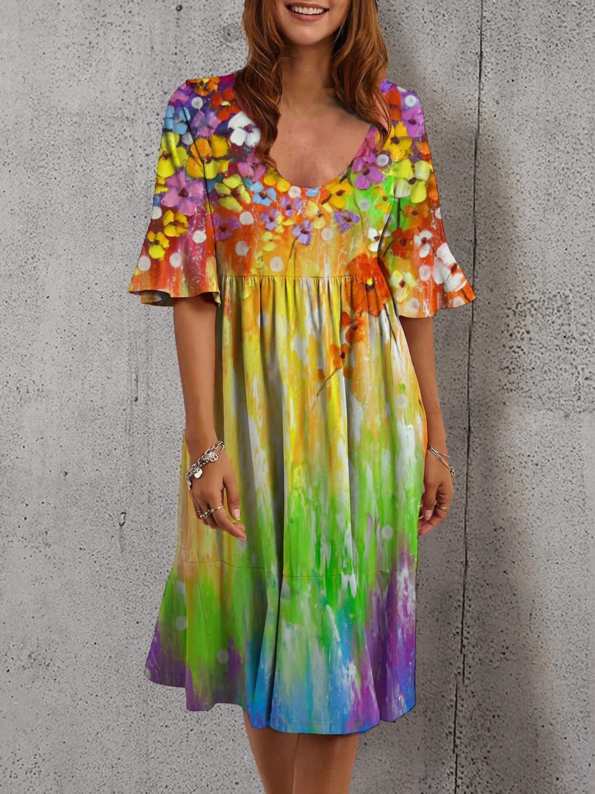 Half Sleeve Elegant Dress Printed Loose Midi variant CJLY115389925YB|CJLY115389926ZA|CJLY115389927AZ|CJLY115389928BY|CJLY115389929CX|CJLY115389930DW