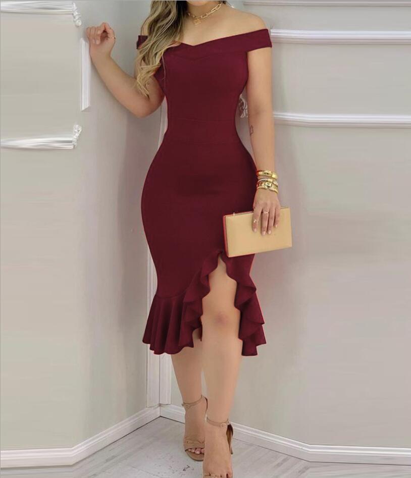 One-shoulder V-neck Ruffled Skinny Dress variant CJLY115457401AZ|CJLY115457402BY|CJLY115457403CX|CJLY115457404DW