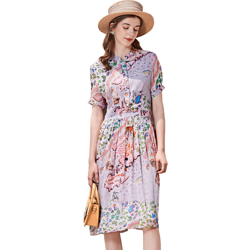 Long Short-sleeved Silk Dress variant CJLY115901501AZ|CJLY115901502BY|CJLY115901503CX|CJLY115901504DW