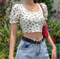 Floral Fungus Lace Side Neck Puff Sleeve Crop T-shirt variant CJLS116881801AZ|CJLS116881802BY|CJLS116881803CX