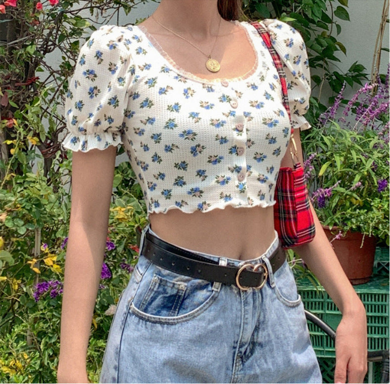 Floral Fungus Lace Side Neck Puff Sleeve Crop T-shirt variant CJLS116881801AZ|CJLS116881802BY|CJLS116881803CX