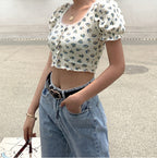 Floral Fungus Lace Side Neck Puff Sleeve Crop T-shirt photo 3