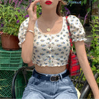 Floral Fungus Lace Side Neck Puff Sleeve Crop T-shirt photo 4