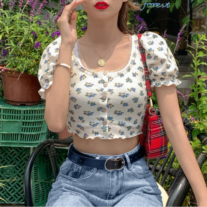 Floral Fungus Lace Side Neck Puff Sleeve Crop T-shirt photo 4