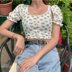 Floral Fungus Lace Side Neck Puff Sleeve Crop T-shirt photo 2
