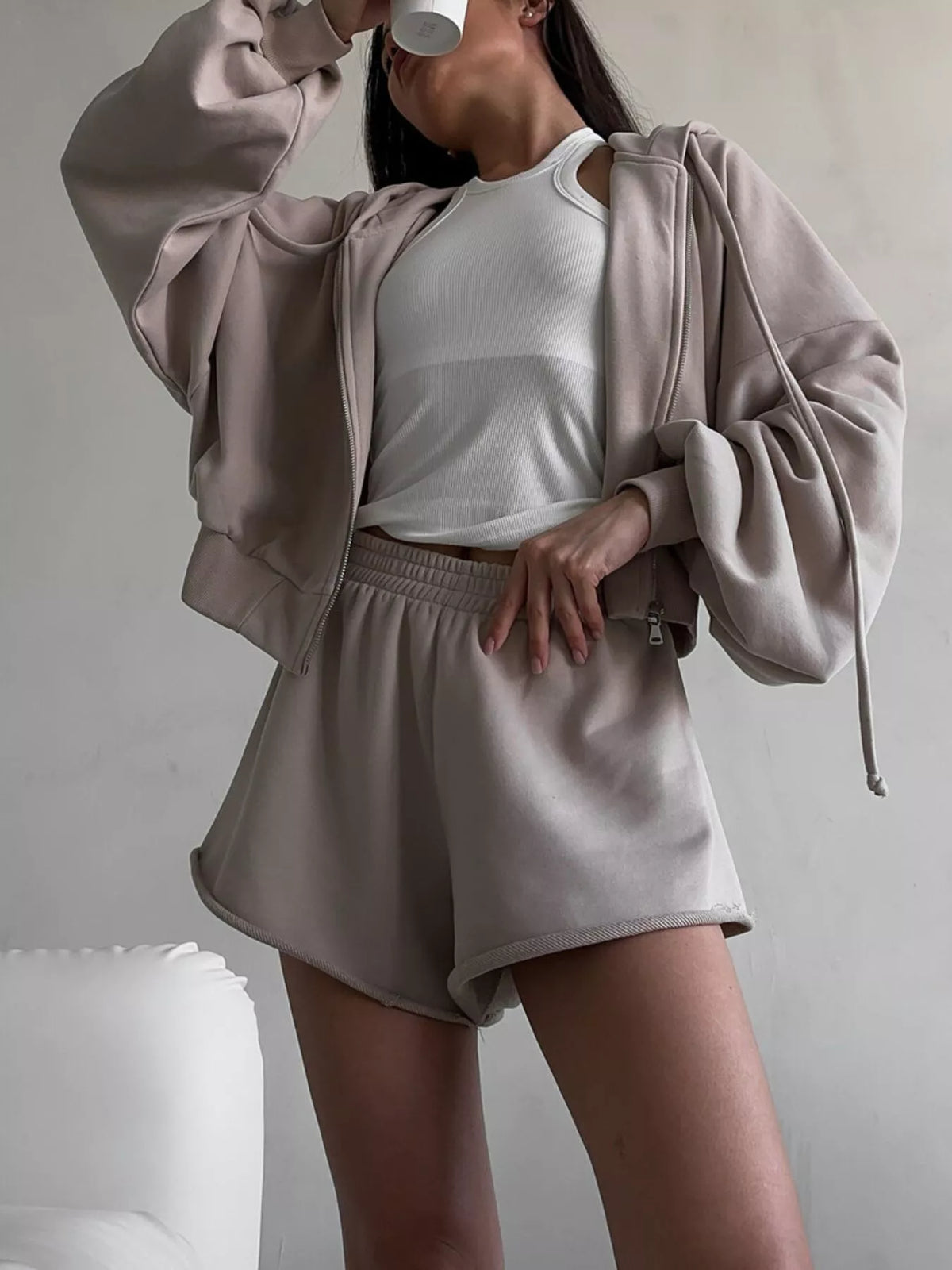 Zip Up Long Sleeve Outerwear Shorts Set (29)