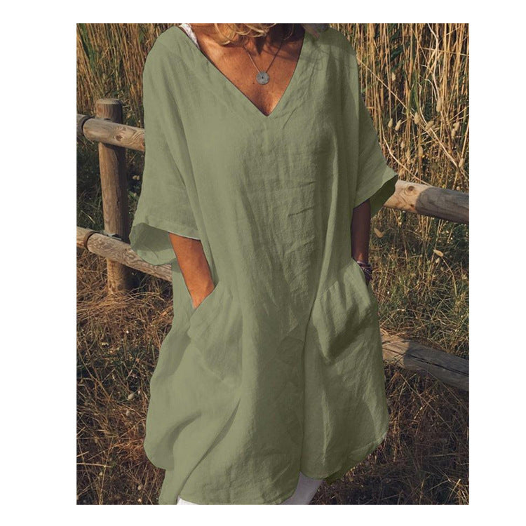 Oversized V-neck Midi Dress variant CJNSSYCS05562-Green-S|CJNSSYCS05562-Green-M|CJNSSYCS05562-Green-XL|CJNSSYCS05562-Green-5XL|CJNSSYCS05562-Green-L|CJNSSYCS05562-Green-3XL|CJNSSYCS05562-Green-XXL|CJNSSYCS05562-Green-4XL
