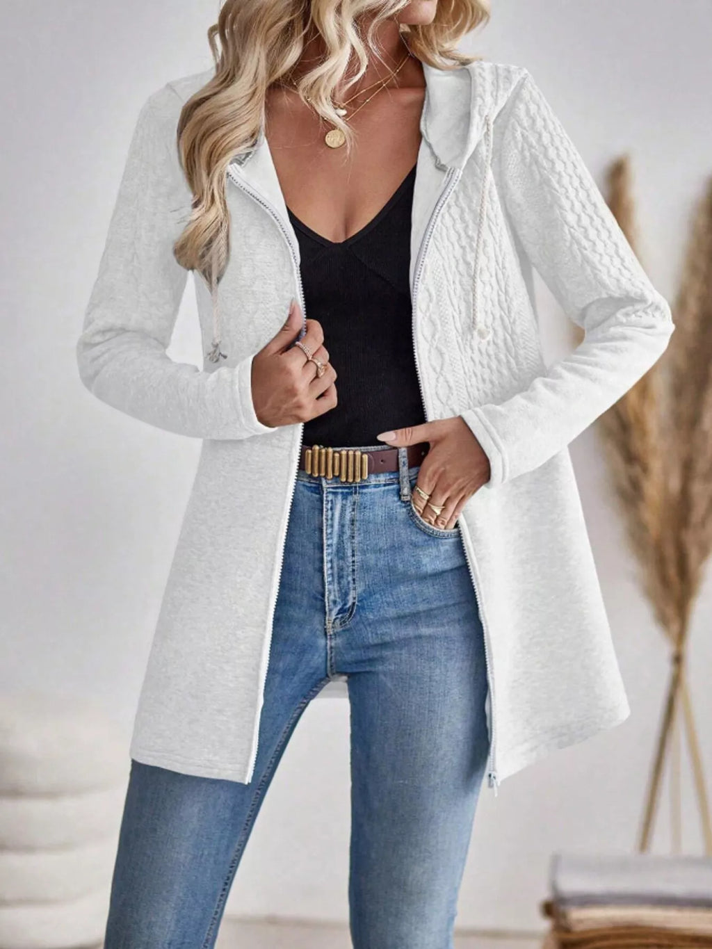 Drawstring Textured Zip Up Hooded Jacket (5)