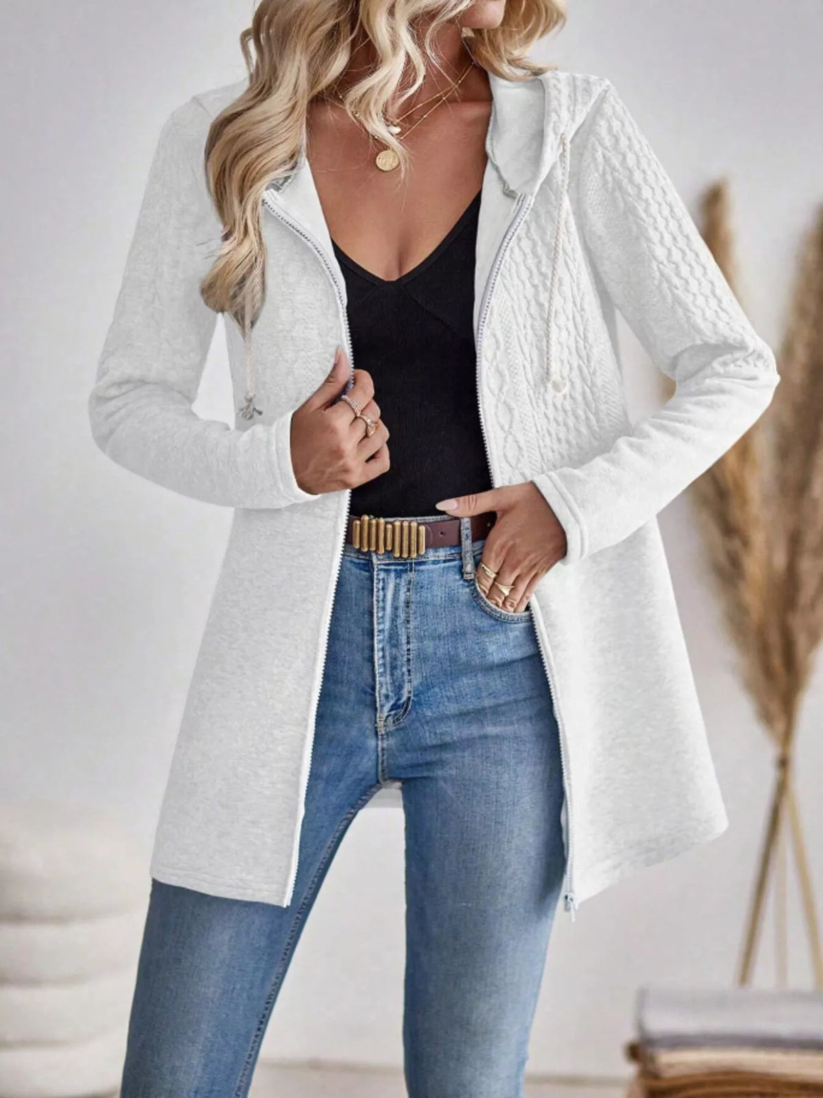 Drawstring Textured Zip Up Hooded Jacket (5)