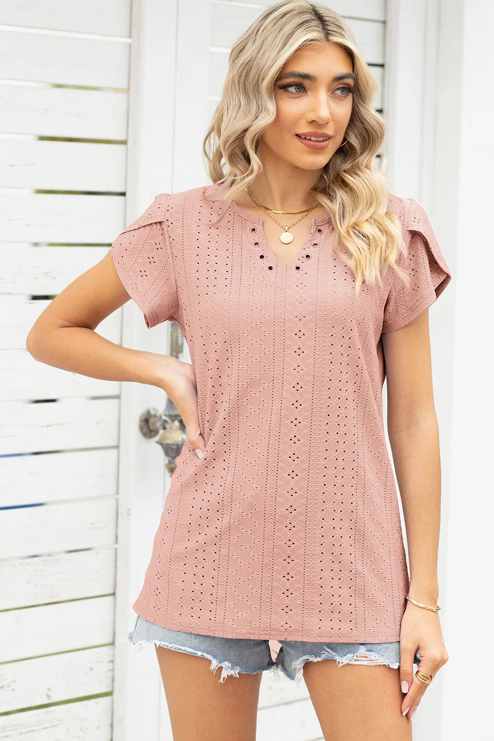 Eyelet Notched Petal Sleeve Blouse (10)